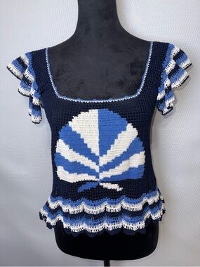 Carolina K Handmade Crochet Top Size Small Blue White Ruffle Sleeve Boho
